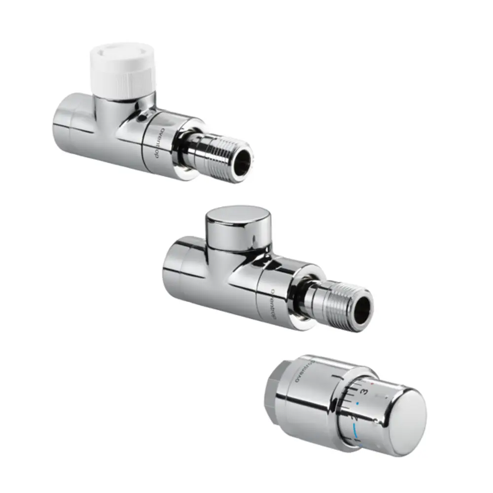 Oventrop Thermostatventil-Set in verchromter Ausführung, bestehend aus einem Durchgangsventil und Rücklaufverschraubung, abgebildet in drei Positionen.